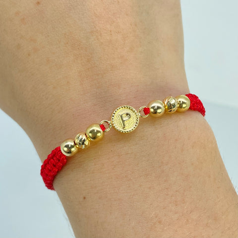 Pulsera tejida Herraje letra P / BL 5mm 4uni / BD 5mm 2uni / Hilo Rojo Oro amarillo 18k 1,3 Gr †