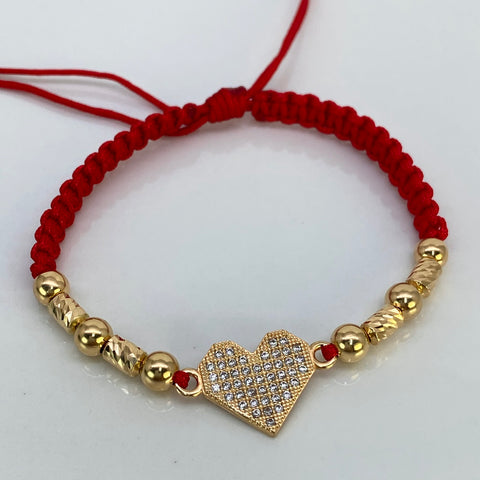 Pulsera tejida Corazón / Cilindros  / 6 Und Bolas Lisas 5mm Hilo Rojo Oro amarillo 18k 3,29 Gr *