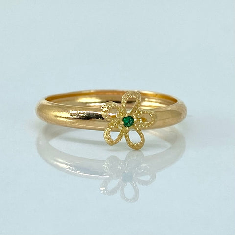 Anillo Flor Circon Verde Oro amarillo 18k / Talla 5 1/4 / 0,8 Gr *