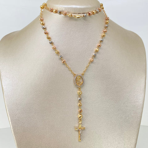 Rosario Virgen Maria Circones Blancos / Bolas Diamantadas 5/4mm Tres oros 18k 11,12 Gr / 55 Cm †