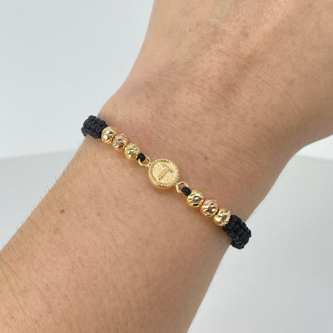 Pulsera tejida Herraje Letra T BD 5mm 6uni Hilo Negro Oro amarillo y Oro rosa 18k 1,05 Gr *