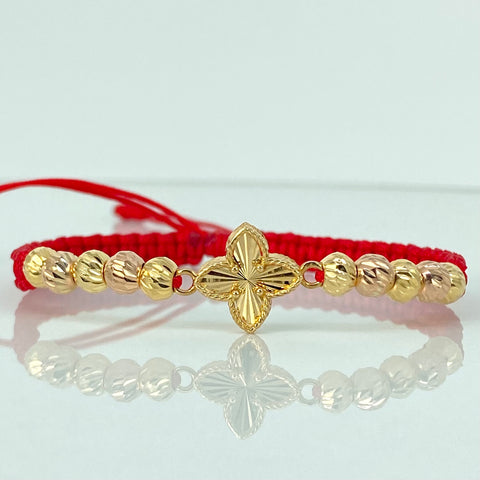 Pulsera tejida Herraje Trebol Diamantado / BD 10uni 5mm / Hilo Rojo Oro amarillo y Oro rosa 18k 2,02 Gr *