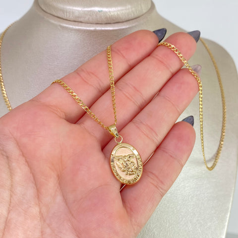 Set Cadena Cubana + Dije San Miguel Arcángel Oro amarillo 18k 3,25 Gr / 2 mm / 60 Cm †