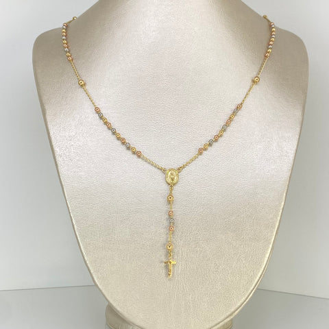 Rosario Balines Lisos Virgen Milagrosa / Cruz Cristo Tres oros 18k 8,90 Gr / 3 mm / 50 Cm †