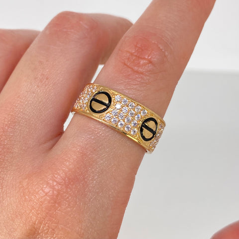 Anillo Tornillo CT Circones Blancos Negros Oro amarillo / Talla 10 1/2 / 7,4 Gr *