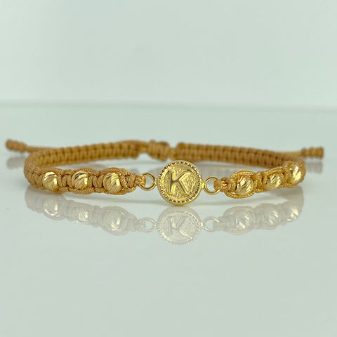 Pulsera tejida Herraje Letra K / BD 6uni 4mm / Hilo Beige Oro amarillo 18k 0,86 Gr *