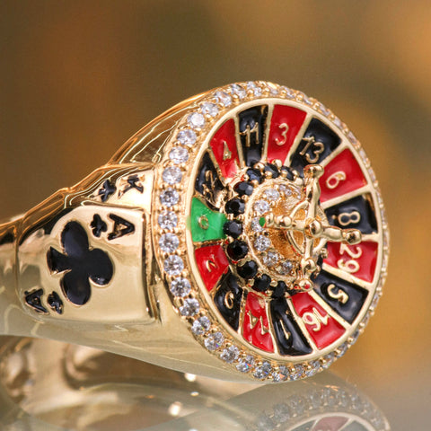 Anillo Ruleta Circones Blancos Negros Oro amarillo 18k / Talla 10 1/2 / 8,2 Gr †