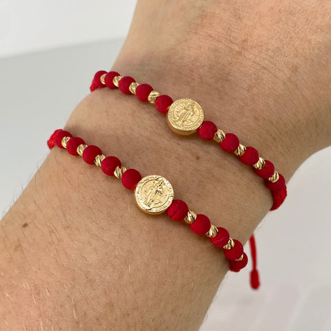 Pulsera tejida Pareja Herraje San Benito / BD 8uni 3mm / Hilo Rojo Neoprenos Oro amarillo 1,25 Gr †