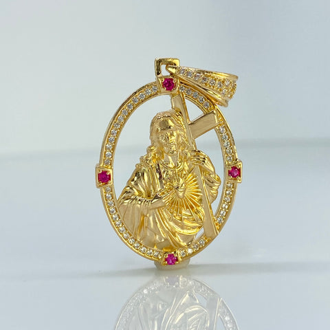 Dije Contorno Cristo Cruz Circones Blancos Y Fucsias Oro amarillo 18k 7,28 Gr / 4 Cm  *