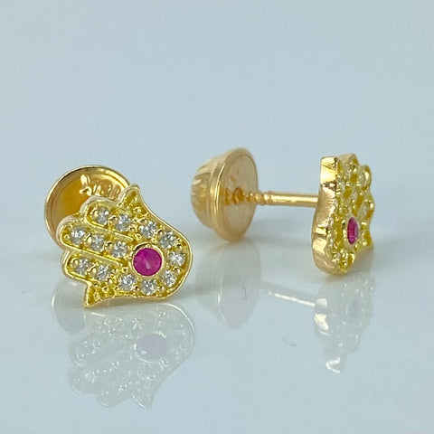 Topos Mano Hamsa Circones Blancos Fucsia Oro amarillo 18k 1,16 Gr / 7,5 mm
