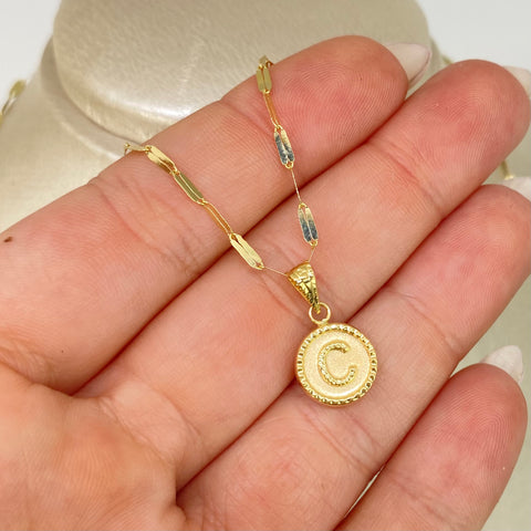 Set Cadena ● Flor Espejo + Dije Letra C Oro amarillo 18k 2,1 Gr / 1,7 mm / 45 Cm †