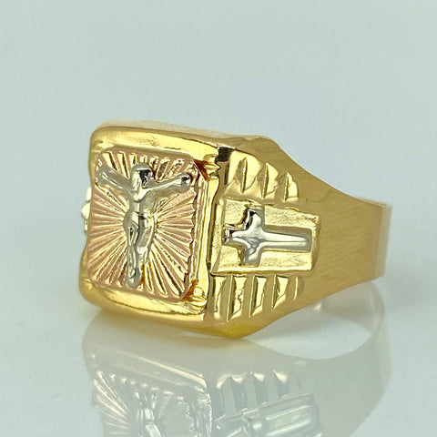 Anillo Cristo Diamantado Tres oros 18k / Talla 9 3/4 / 3,69 Gr