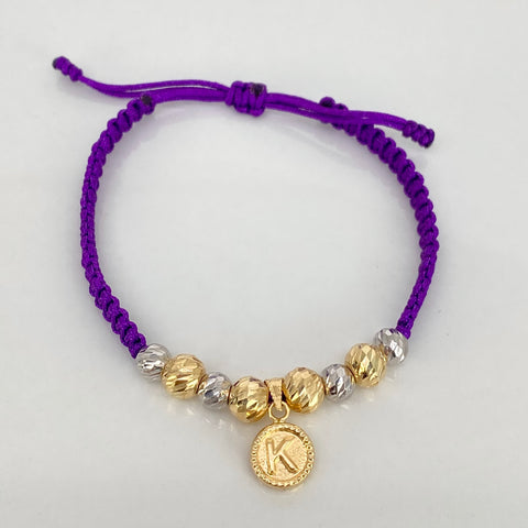 Pulsera tejida DIje Letra K / BD 8uni 5mm 6mm / Hilo Morado Oro amarillo y Oro blanco 18k 1,48 Gr *
