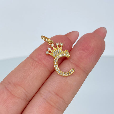 Dije Letra C Corona Circones Blancos Oro amarillo 1,65 Gr / 2,6 Cm †