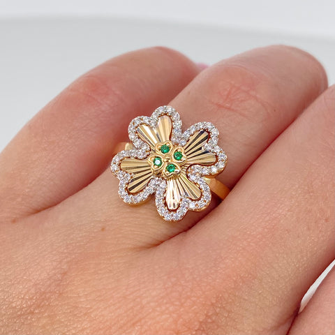 Anillo Trebol Circones Blancos Verdes Oro amarillo / Talla 7 3/4 / 4,2 Gr