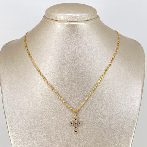 Set Cadena ● China + Dije Cruz Circones Blancos Verdes Oro amarillo 18k 4,25 Gr / 2,2 mm / 45 Cm †