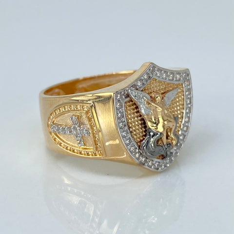 Anillo Escudo San Miguel Arcangel Con Circones Blancos Oro amarillo y Oro blanco 18k / Talla 11 / 8 Gr