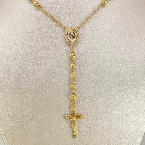 Rosario Virgen Milagrosa Circones Blancos Bolas Diamantadas Oro amarillo 18k 18,35 Gr / 6 mm / 65 Cm
