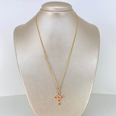 Set Cadena ● Cubana + Dije Cruz Circones Blancos Naranjas Oro amarillo 18k 3,65 Gr / 2 mm / 45 Cm