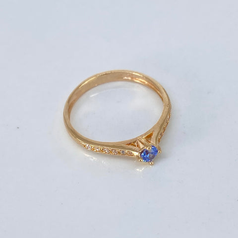 Anillo Solitario Circones Blancos Azul Oro amarillo / Talla 5 3/4 / 1,7 Gr *