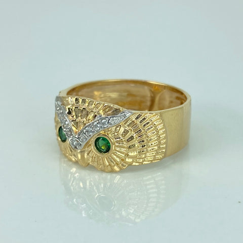 Anillo Buho Circones Blancos Verdes Oro amarillo y Oro blanco 18k / Talla 9 3/4 / 4,78 Gr †