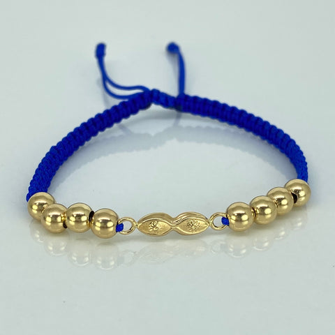 Pulsera tejida Herraje Ojos Santa Lucia / BL 8uni 5mm / Hilo Azul Oro amarillo 18k 1,16 Gr *