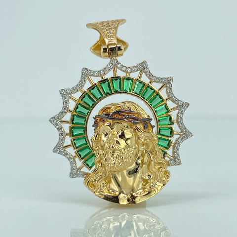 Dije Rostro Jesus Circones Blancos Verdes Oro amarillo 18k 10,47 Gr / 4,3 Cm