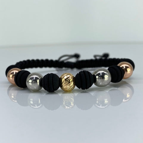 Pulsera tejida Bolas Lisas 8  mm Y Diamantada 8 mm Hilo Negro Tres oros 18k 1,63 Gr *