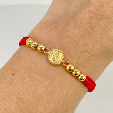 Pulsera tejida Herraje Virgen Guadalupe / BL 6uni 5mm / Hilo Rojo Oro amarillo 18k 1,09 Gr *