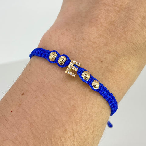 Pulsera tejida Herraje Letra E Circones Blancos / BD 4uni 5mm / Hilo Azul Oro amarillo 18k 1,06 Gr *