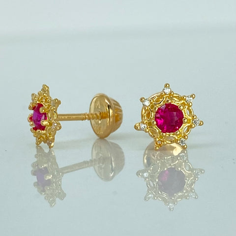 Topos Flor Circon Fucsia Blancos Oro amarillo 18k 0,95 Gr / 7,3 mm  *