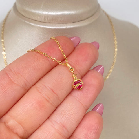 Set Cadena ● Rolon + Dije Sagrado Corazon Fucsia Oro amarillo 18k 1,3 Gr / 1,5 mm / 45 Cm †