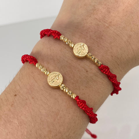 Pulsera tejida Pareja Herraje San Benito / BD 8uni 3mm / Hilo Rojo Oro amarillo 1,25 Gr †
