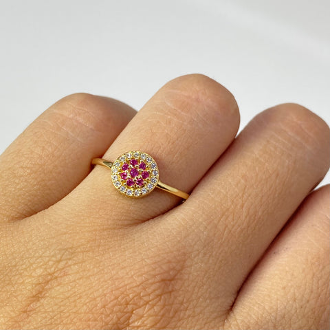 Anillo Circulo Circones Blancos Y Fucsias Oro amarillo 18k / Talla 7 / 1,95 Gr *