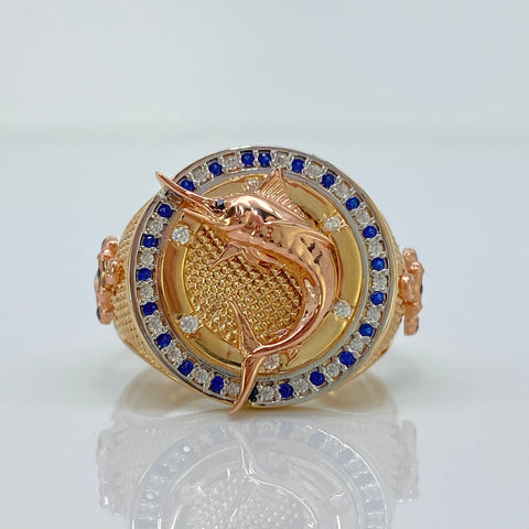 Anillo Pez Espada  Circones Blancos Y Azules Tres oros 18k / Talla 11 / 10,27 Gr *