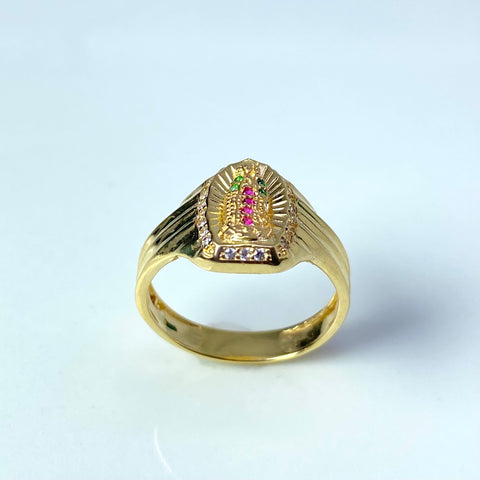 Anillo  Virgen De Guadalupe Fondo Diamantado Circones Blancos Verdes y Fucsia  Oro amarillo 18k / Talla 6 1/2 / 4,11 Gr