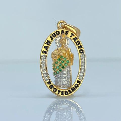 Dije San Judas Tadeo Circones Blancos Verdes Oro amarillo y Oro blanco 18k 3,51 Gr / 3,2 Cm †