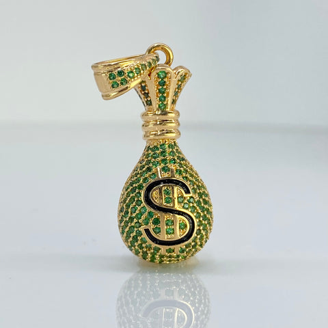 Dije Bolsa De Dinero Circones Verdes Oro amarillo 18k 8,45 Gr / 4 Cm  *
