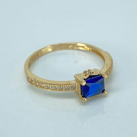 Anillo Solitario Circones Blancos Azul Oro amarillo / Talla 6 1/4 / 1,8 Gr *