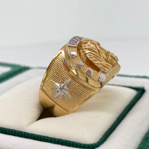 Anillo Herradura Caballo Circones Blancos Oro amarillo y Oro blanco 18k / Talla 11 / 7,55 Gr