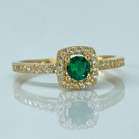 Anillo Solitario Cuadrado Circones Blancos Verde Oro amarillo / Talla 7 3/4 / 2,22 Gr *