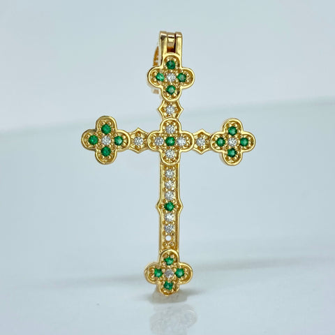 Dije Cruz Trebol Circones Blancos Verdes Oro amarillo 5,62 Gr / 5,3 Cm †