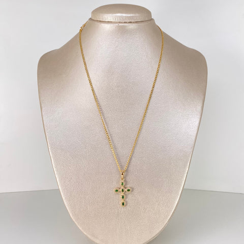 Set Cadena ● Cubana + Dije Cruz Circones Blancos Verdes Oro amarillo 18k 3,65 Gr / 2 mm / 45 Cm †