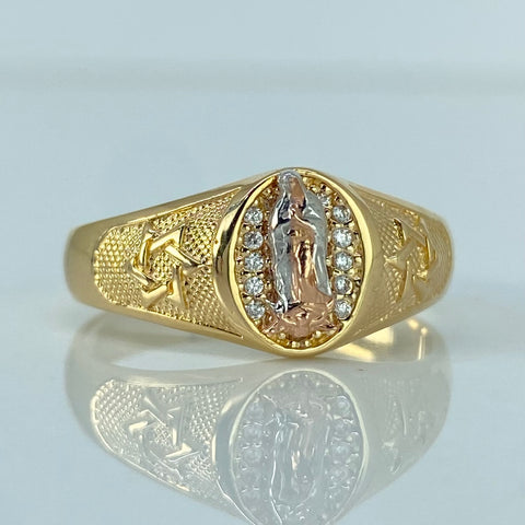 Anillo Virgen Guadalupe Estrella Circones Blancos Tres oros / Talla 9 1/2 / 3,7 Gr †