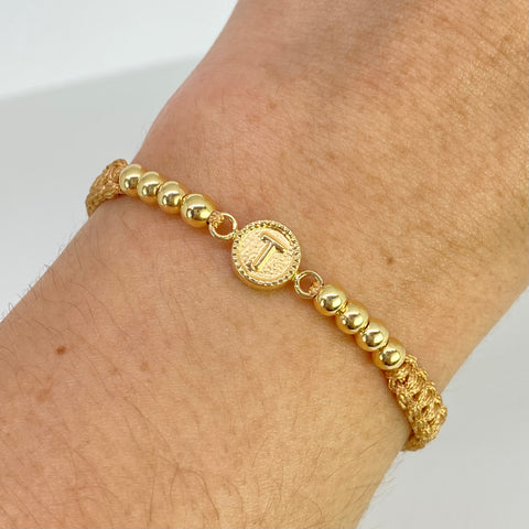 Pulsera tejida Herraje Letra T / BL 8uni 4mm / Hilo Beige Oro amarillo 18k 1,17 Gr †