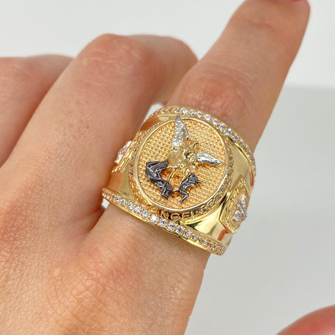 Anillo San Miguel Arcangel / Cruz Laterales Circones Blancos Oro amarillo y Oro blanco 18k / Talla 12 / 10,73 Gr *