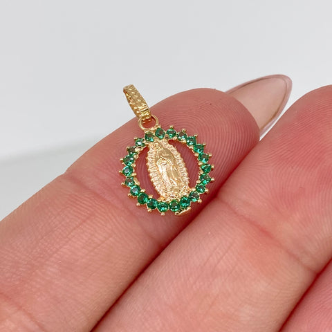 Dije Virgen Guadalupe Circones Verdes Oro amarillo 0,75 Gr / 1,8 Cm †