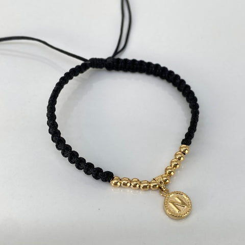 Pulsera tejida Dije Letra N / BL 10uni 3mm / Hilo Negro Oro amarillo 18k 0,95 Gr †