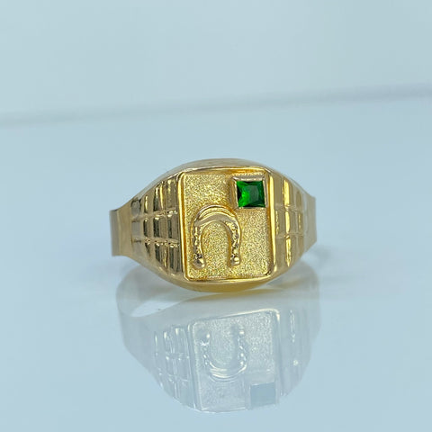 Anillo Sello Herradura Circón Verde Oro amarillo 18k / Talla 12 1/2 / 3,9 Gr †