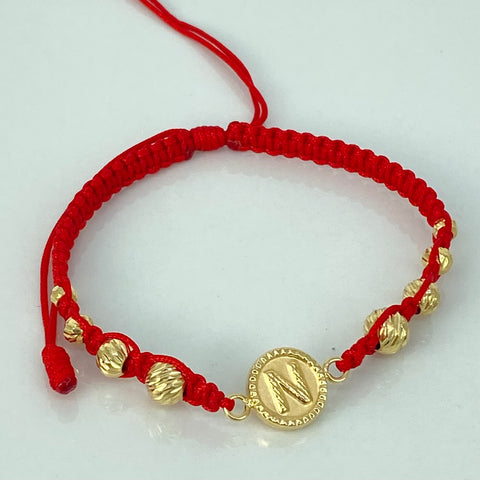 Pulsera tejida Herraje Letra N / BD 8uni 6/5/4/3mm / Hilo Rojo Oro amarillo 18k 1,34 Gr *